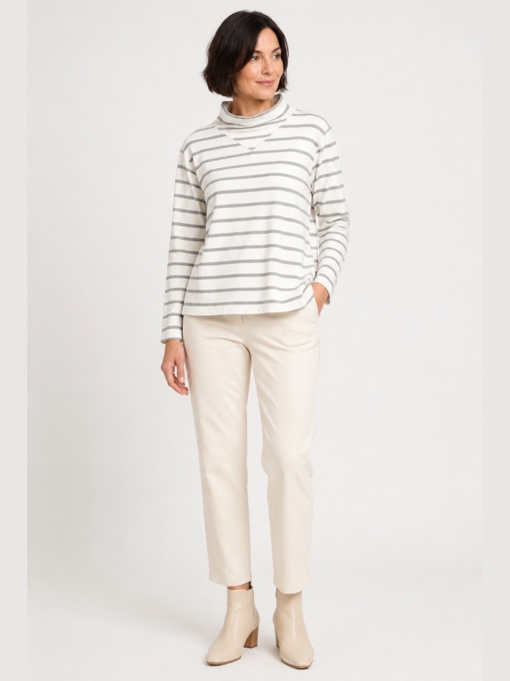 T by TALBOTS Cotton Funnel Neck Sweatshirt Cream w/ Metallic Silver Stripes XL
